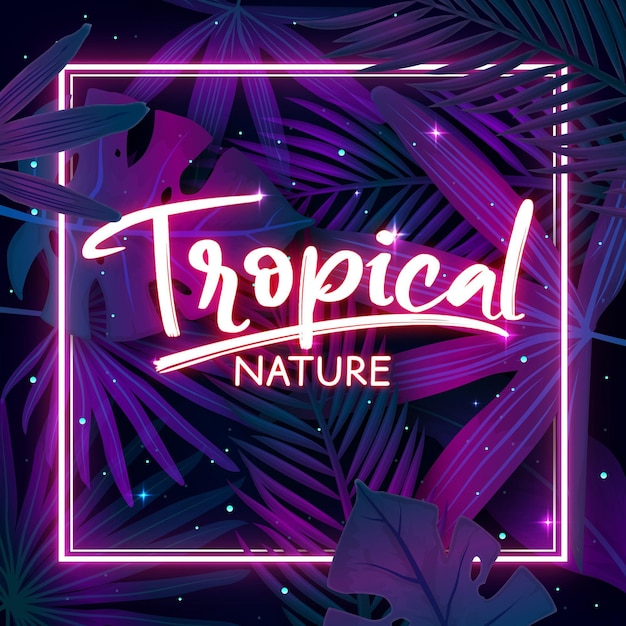 Tropical neon lettering with leaves