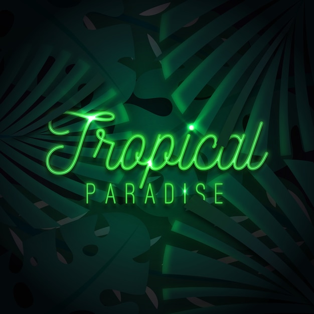 Tropical neon lettering with leaves