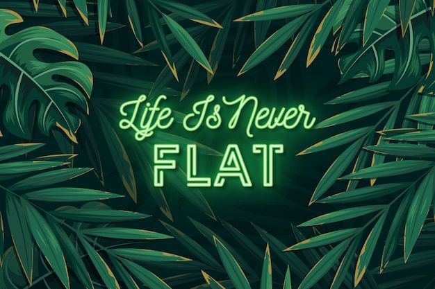 Tropical neon lettering with leaves