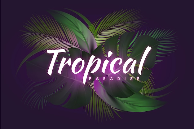 Vettore gratuito lettering neon tropicale con foglie