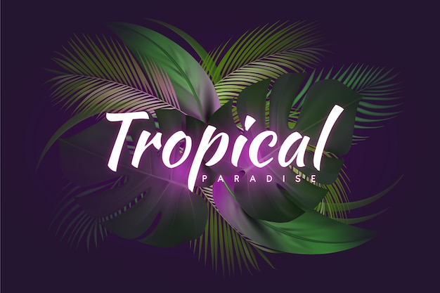 Tropical neon lettering with leaves