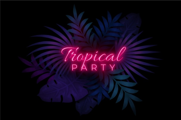 Tropical neon lettering with party and leaves