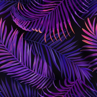열 대 네온 야자 잎 완벽 한 패턴입니다. 정글 보라색 컬러 꽃 배경입니다. 직물, 패션 섬유, 벽지를 위한 트로픽 식물을 사용한 여름 이국적인 식물 단풍 형광 디자인. 벡토