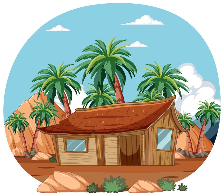 Free Vector tropical oasis with wooden hut