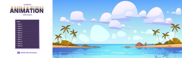 Тропический океанский пляж с пальмами Векторный фон параллакса готов к 2d анимации с мультяшным морским пейзажем летний пейзаж с морской лагуной и песчаным берегом