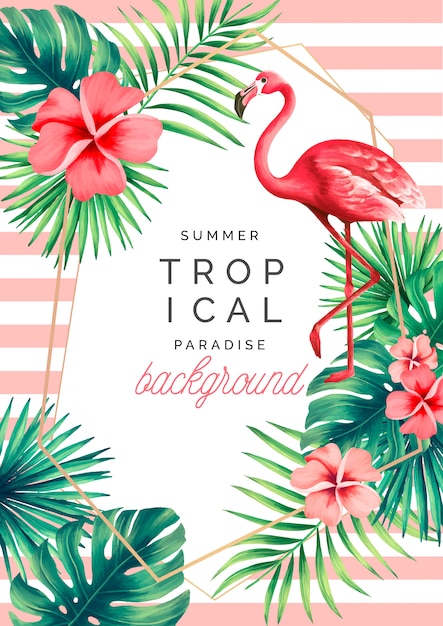 Tropical paradise background with exotic nature and\
flamingo