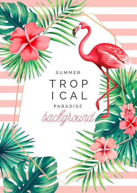 Tropical paradise background with exotic nature and flamingo