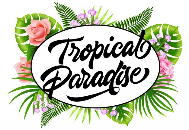 Tropical paradise flyer with palm leaves and flowers. 