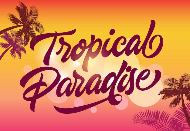 Tropical paradise greeting card template with palm silhouettes and sunset in background. 