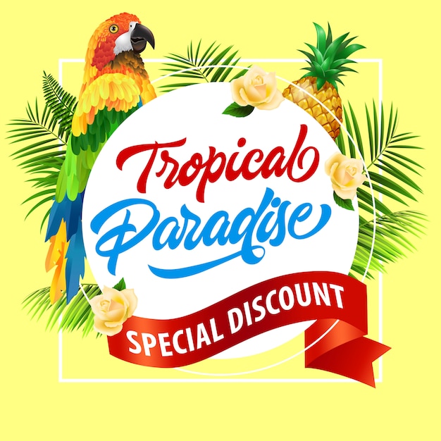 Vettore gratuito paradiso tropicale, lettering con sconto speciale con pappagallo. offerta estiva