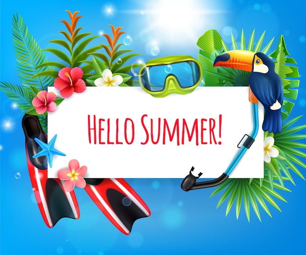 Tropical paradise summer vacation realistic composition with flippers snorkel diving mask toucan bird frame invitation