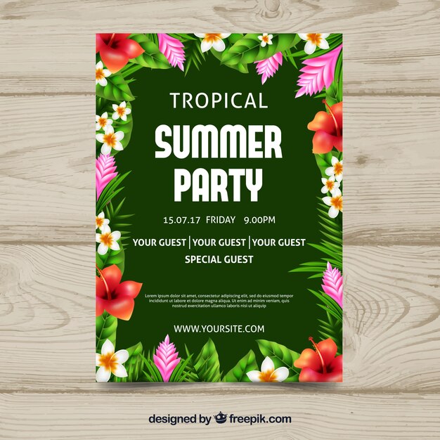 Tropical party brochure with flowers and leaves