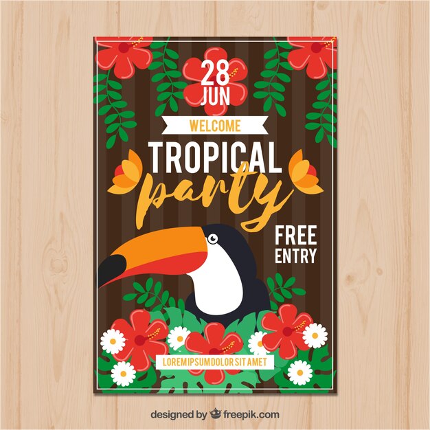 Vettore gratuito brochure di partito tropicale con fiori e foglie