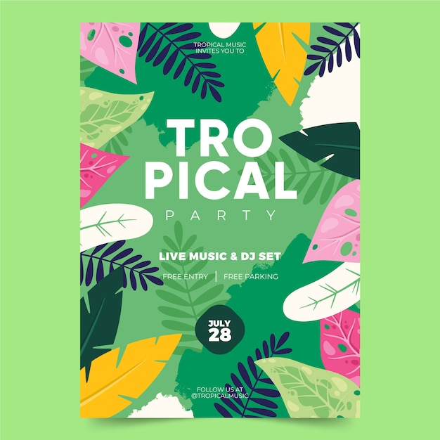 Vettore gratuito tema del modello di poster di festa tropicale