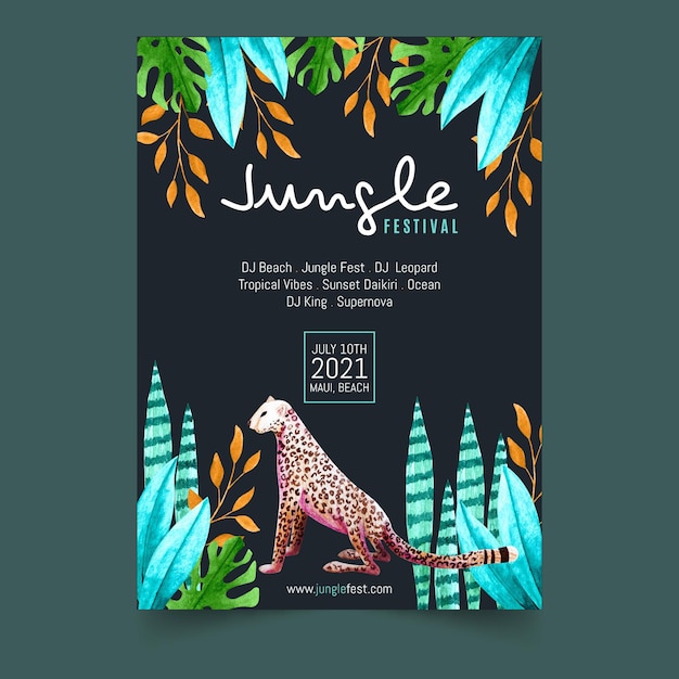 Free vector tropical party poster template with leaves and cheetah