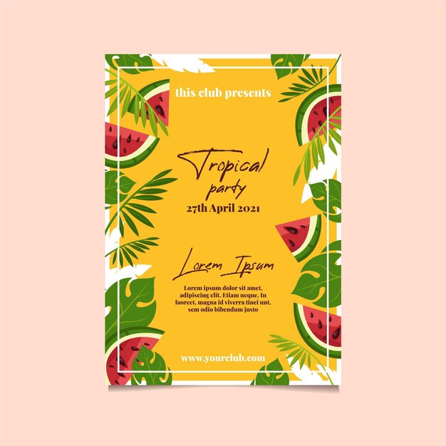 tropical party poster template with leaves and watermelon