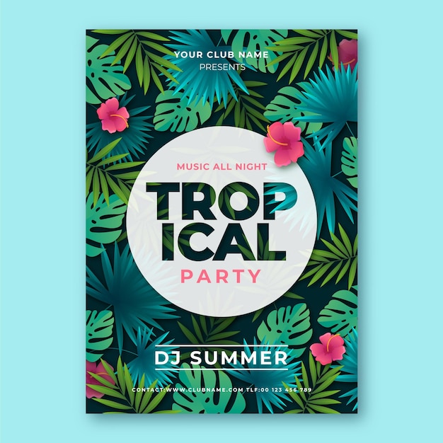 Free vector tropical party poster template with leaves