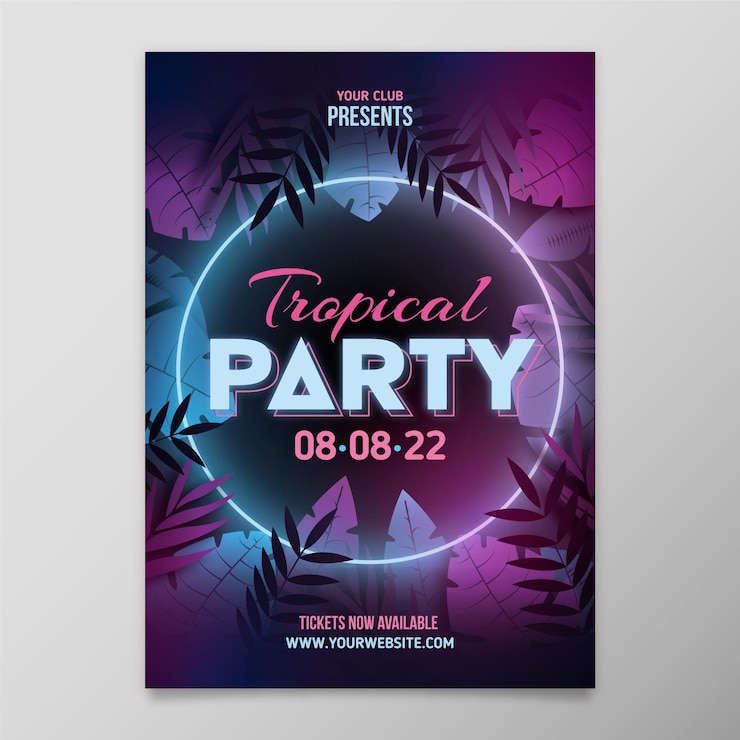 Free Vector tropical party poster template with neon leaves