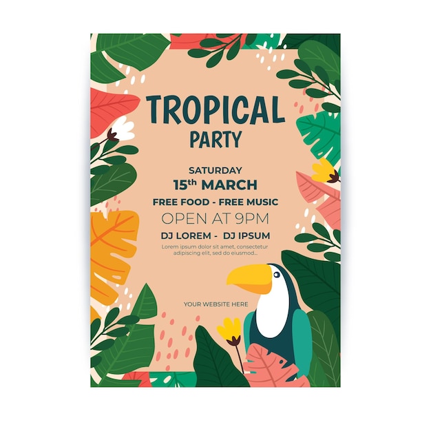 Tropical party poster with leaves and toucan