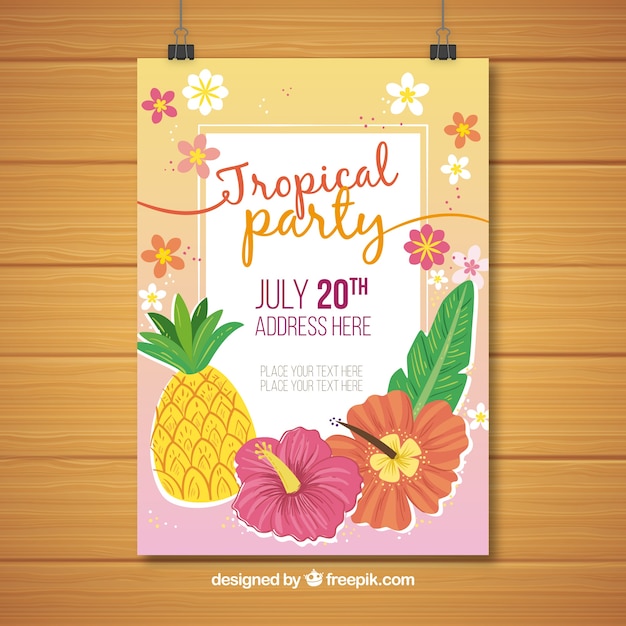 パイナップルと花のトロピカルパーティポスター