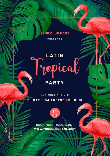 Free vector tropical party poster with pink flamingos