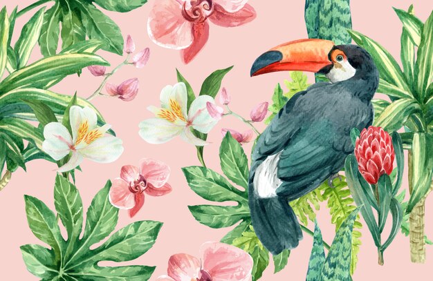 열대 패턴 꽃 수채화, 감사 카드, 섬유 인쇄 그림