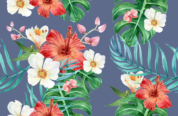 Tropical pattern flower watercolor, thanks card, textile print illustration Free Vector