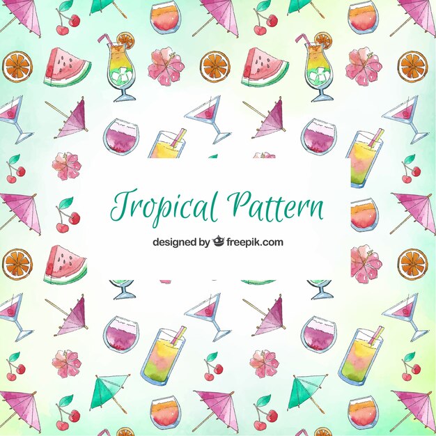 Tropical pattern with drinks and fruits