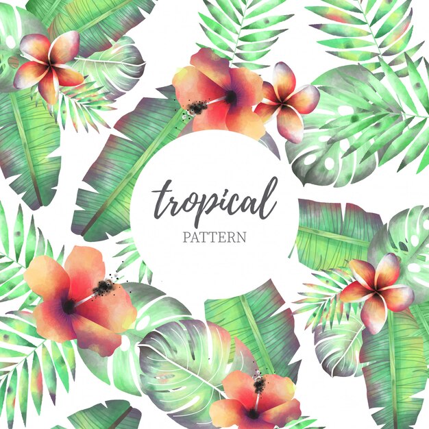 Tropical Pattern with Watercolor Flowers