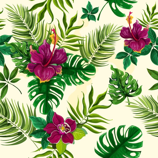 Tropical plants flowers seamless pattern