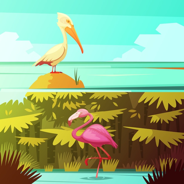 Free vector tropical rainforest fauna 2 retro cartoon banners set with pink flamingo and pelican bird