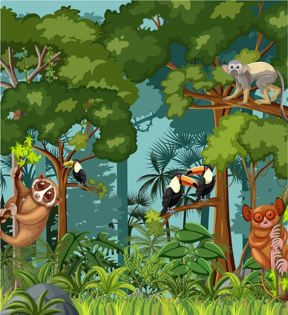 Free vector tropical rainforest scene with various wild animals