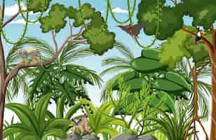 Free vector tropical rainforest scene with various wild animals
