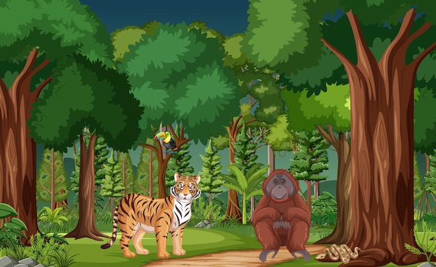 Tropical rainforest scene with various wild animals