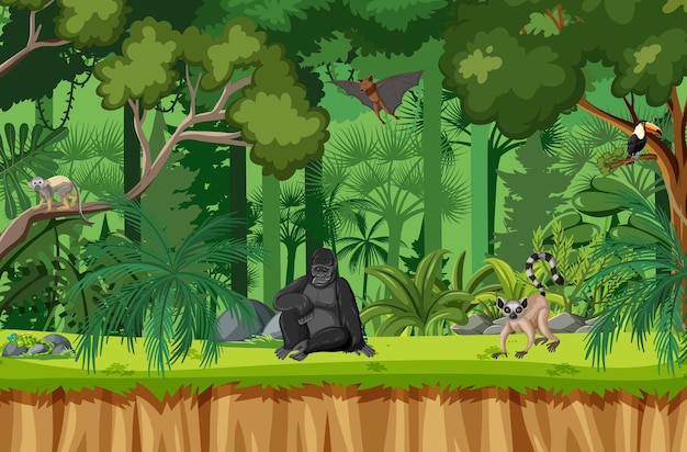 Tropical rainforest scene with various wild animals