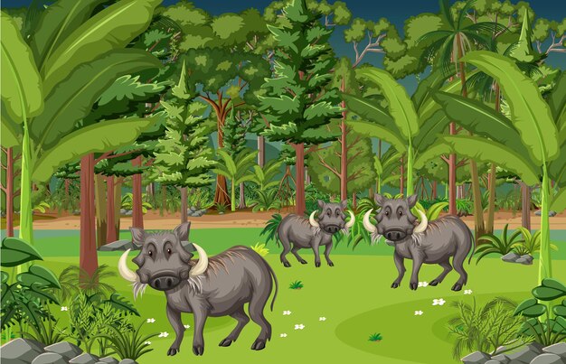 Tropical rainforest scene with warthog family