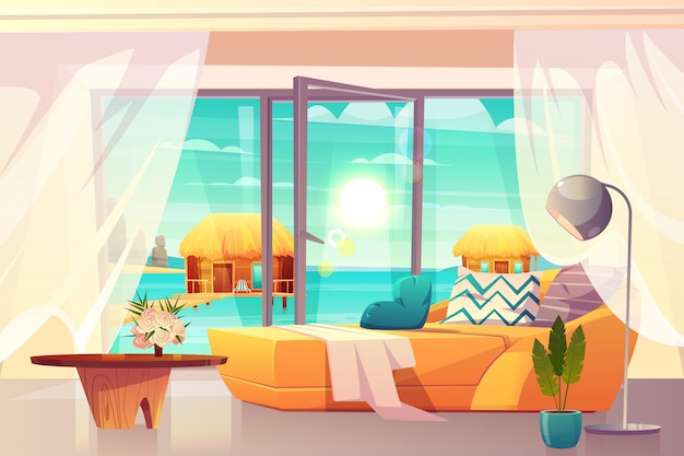 Free vector tropical resort hotel room, luxury apartments on ocean shore interior cartoon vector with comfortable bed and exit on beach illustration. vacation and leisure in exotic country. chill out on seashore