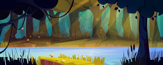 tropical river in jungle forest nature landscape of rainforest with calm water in lake trees green plants and grass mushrooms and day light vector cartoon illustration