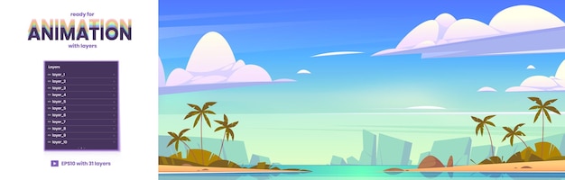 Тропический морской пейзаж с пальмами на песчаном пляже и в горах Векторный фон параллакса готов к 2d анимации с мультяшным летним морским пейзажем с лагуной и скалами на горизонте