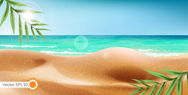 Тропический морской берег и экзотические листья фон. Летний пляж с солнечными бликами