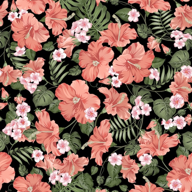 Tropical seamless pattern. blooming hibiscus on black background.