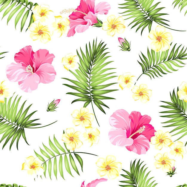 Tropical seamless pattern. Blooming hibiscus and palm on white background.