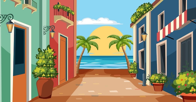 Free vector tropical seaside town at sunset