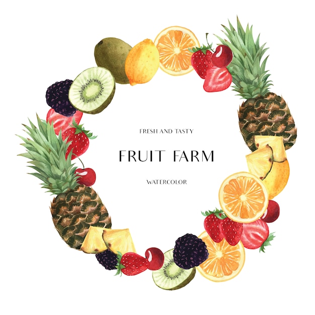 Бесплатное векторное изображение Тропический сезон фруктовых венков, баннерный дизайн, маракуйя апельсиновая, свежая и вкусная рамка