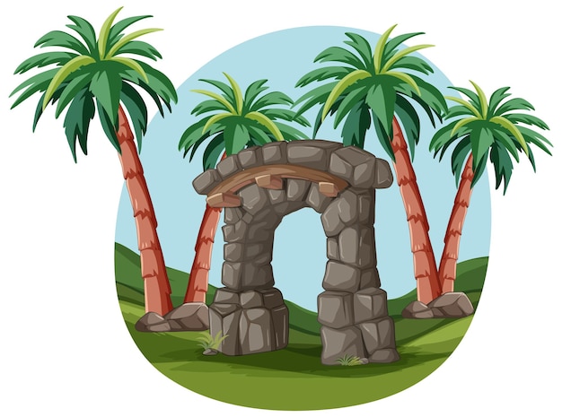 Free vector tropical stone archway amidst palm trees