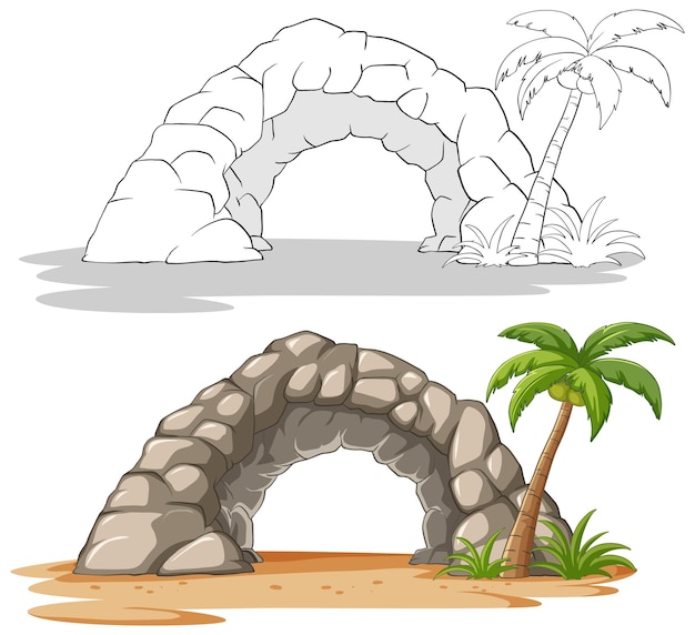 Бесплатное векторное изображение Иллюстрация тропической каменной арки и пальмы