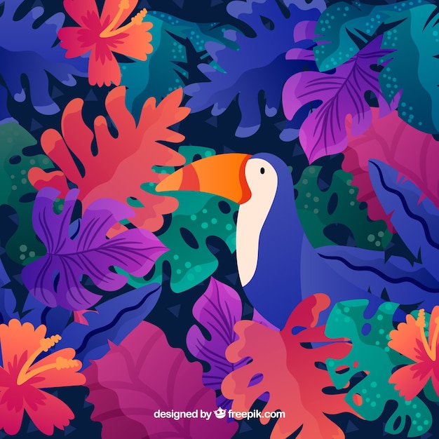 Бесплатное векторное изображение Тропический летний фон с туканом и красочными растениями
