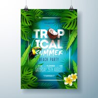 tropical summer beach party flyer or poster template design with flower, coconut and toucan bird