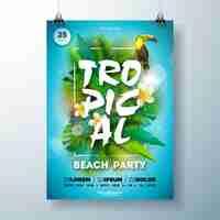 Free vector tropical summer beach party flyer with flower and toucan bird