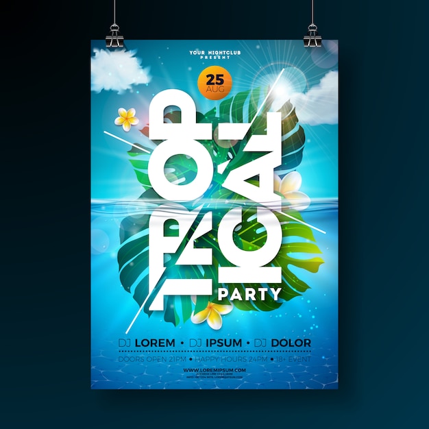 Tropical summer party flyer poster template with exotic palm\
leaves and flower